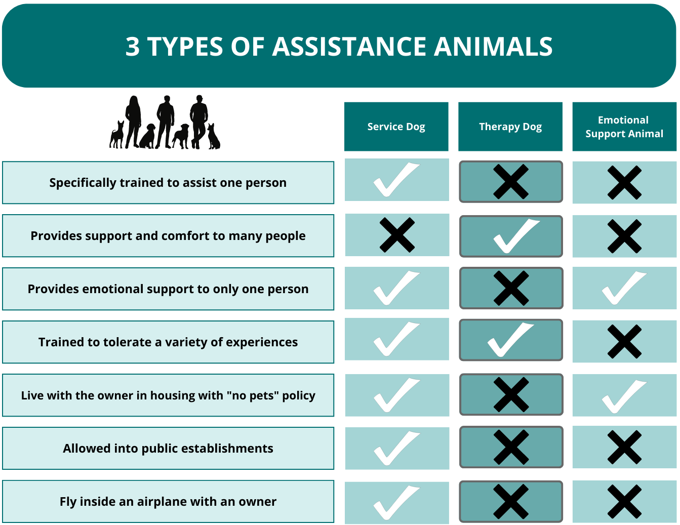 a comparison of three service dog types, service, therapy, and emotional support
